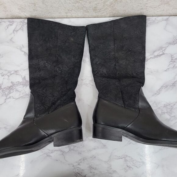 Makron Suela Black Leather and Floral Suede Semi Slochy Women's Boots - Picture 6 of 15